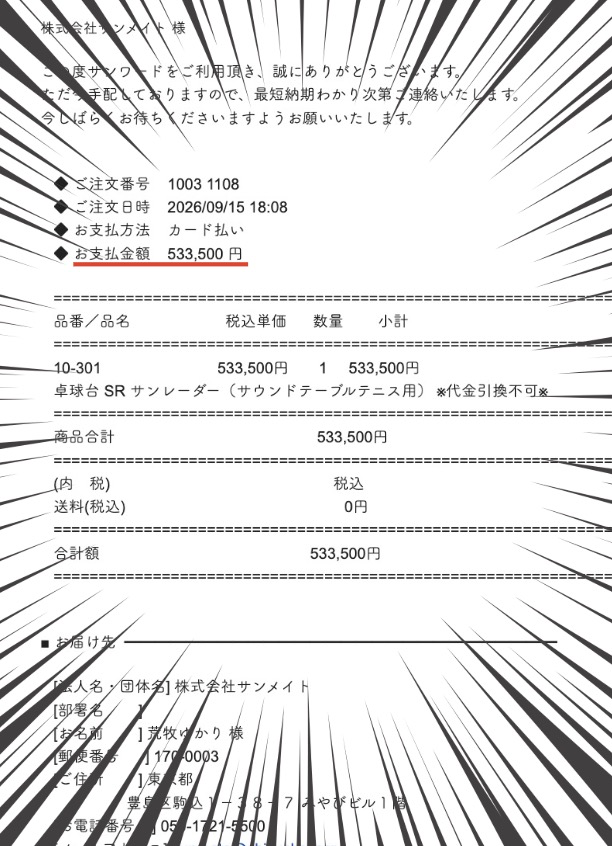 サウンドテーブルテニス台の購入レシート。お支払い金額533,500円と書いてある